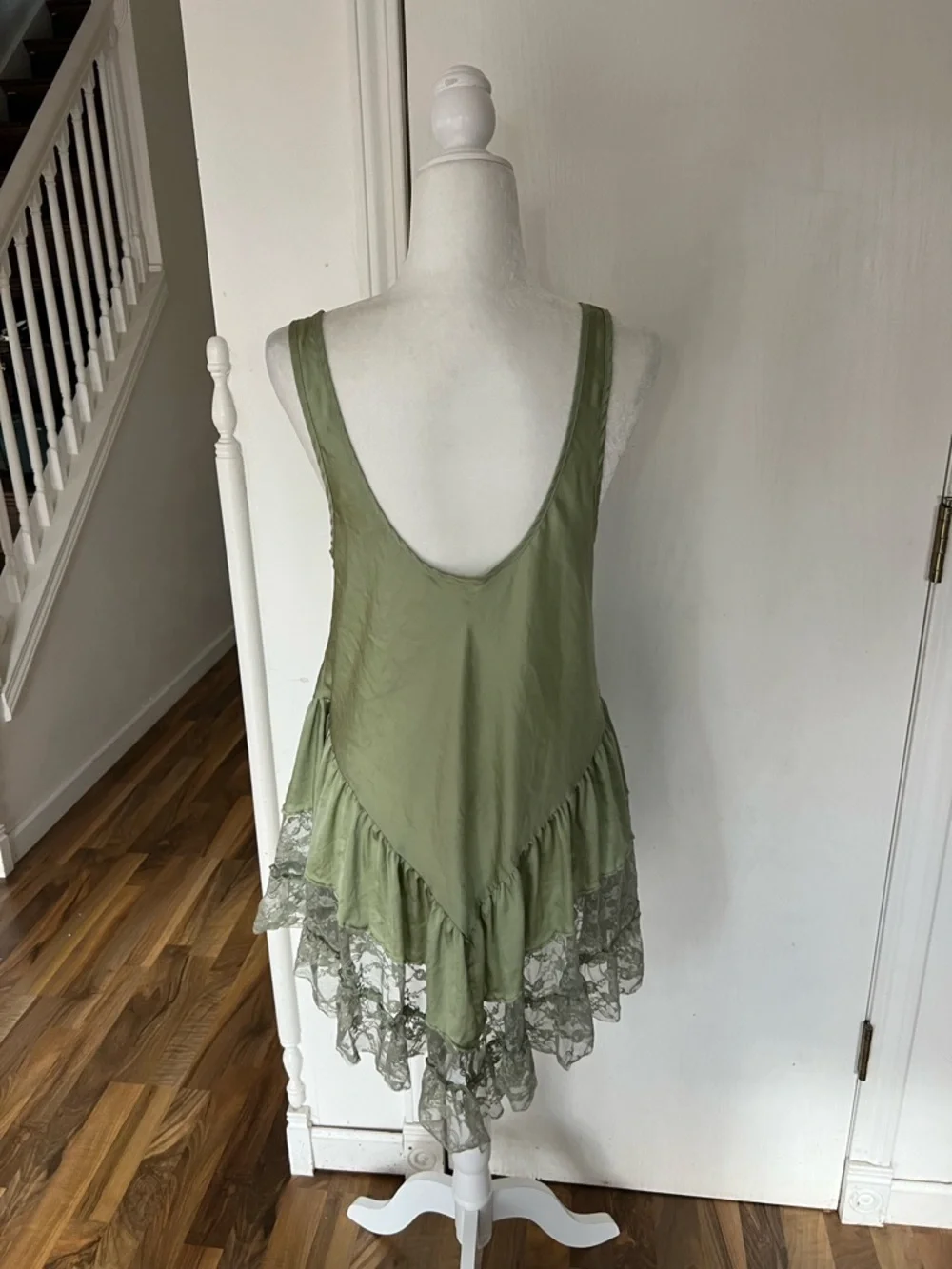 Sage Olive Green Lace-Hem V Drop Waist Mini Dress - Picture 6 of 13